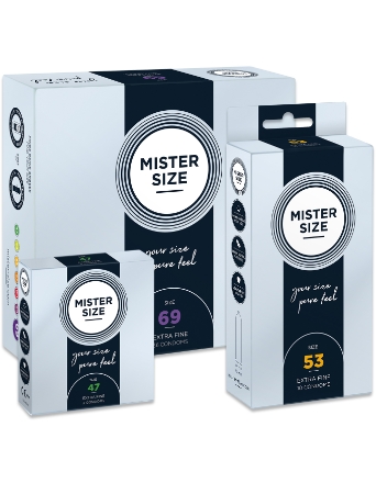 Three Mister Size condom packaging