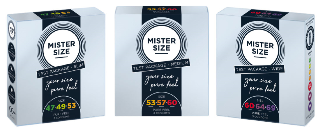 Three different Mister Size condom test packs