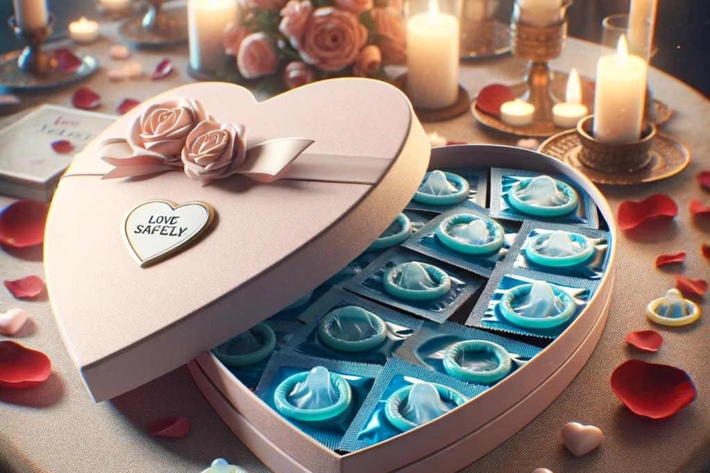 Condoms in a heart-shaped box for Valentine's Day
